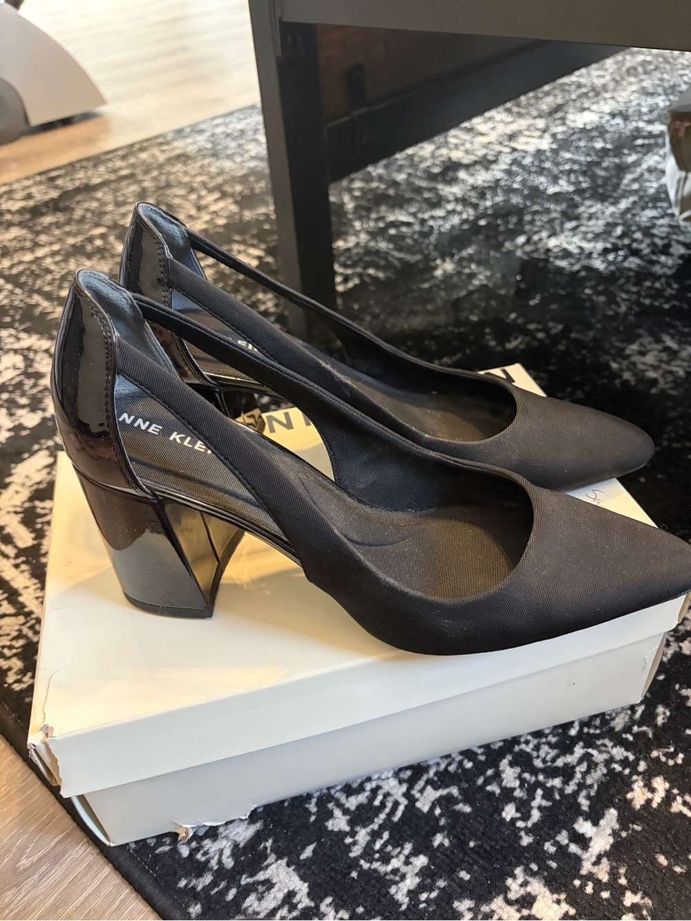 Anne Klein Black Pointed Toe Slingback Block Heel Pumps